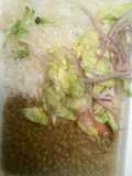 Lentejas con arroz y sarsa de lechuga y cebolla