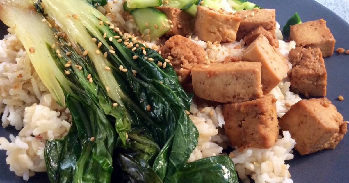 Tofu & Grilled Pak Choi & Sweet and Sour Cucumber Recipe by Caitlin