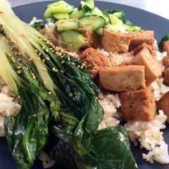 A picture of Tofu & Grilled Pak Choi & Sweet and Sour Cucumber.