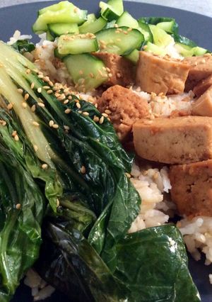 A picture of Tofu & Grilled Pak Choi & Sweet and Sour Cucumber.