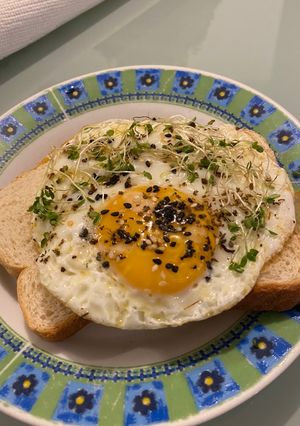 Una foto de Huevo frito con alfalfa y tostadas con queso. 🌻