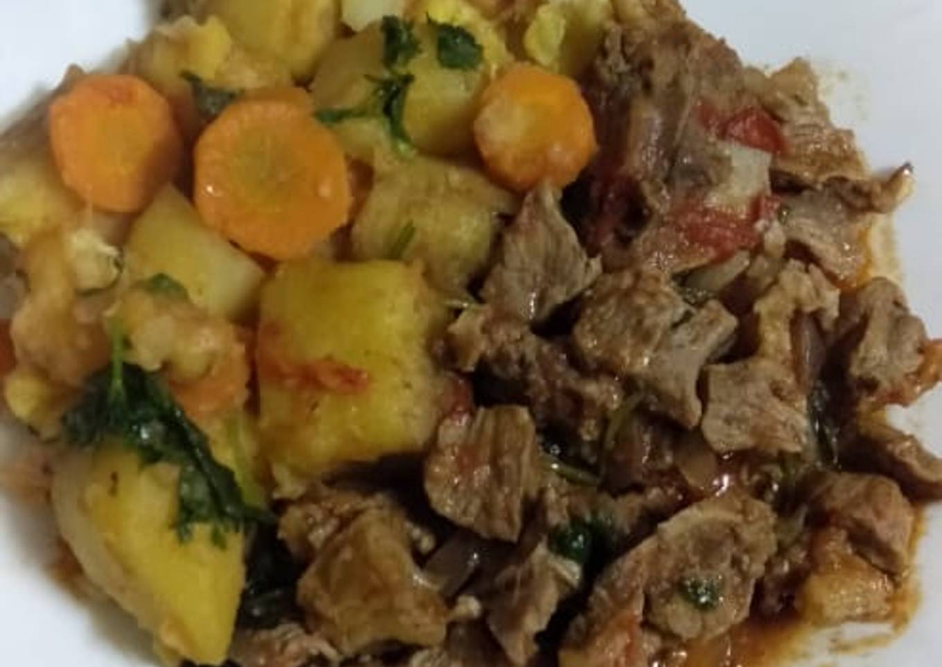 Beef stew, with matoke