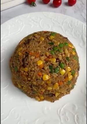 A picture of Fried Rice with Leftover Lamb Skewers.