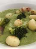 Crispy Potato Gnocchi with broccoli cream and guanciale