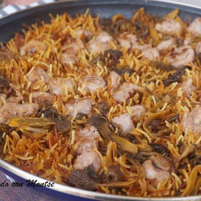 Fideua with Shitake Fungi and Butifarra