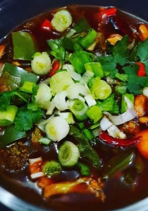A picture of Veggies hot garlic soup.