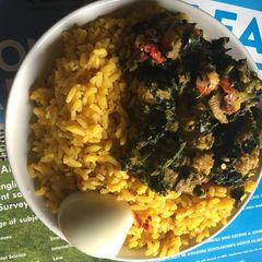 A picture of Palmoil rice with vegetable and boiled egg.