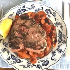 A picture of California Farm Scalloped Carrots with Grilled Ahi Tuna Steaks.