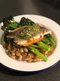 Pesto seabass with cannellini beans and purple sprouting broccoli