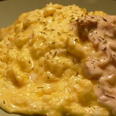 A picture of Fluffy Omelette with Chanterelle Pilaf & Cream Sauce.