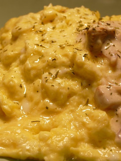 A picture of Fluffy Omelette with Chanterelle Pilaf & Cream Sauce.