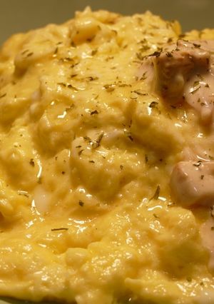 A picture of Fluffy Omelette with Chanterelle Pilaf & Cream Sauce.