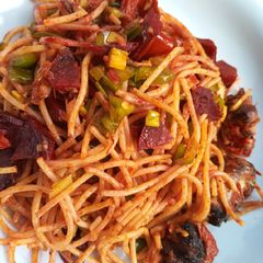 A picture of Beetroot stir fry spaghetti.