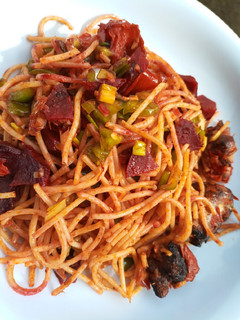 A picture of Beetroot stir fry spaghetti.