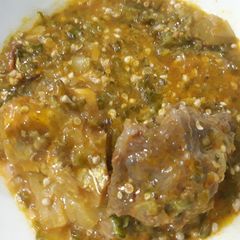 A picture of Okro soup with scent leaves.