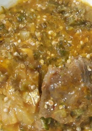 A picture of Okro soup with scent leaves.