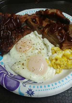 A picture of Heat them up Eat them up Breakfast, Ribs and Eggs.
