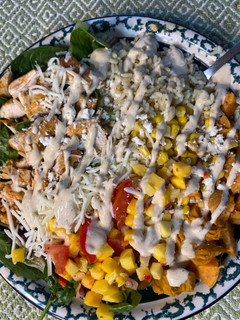 A picture of Grilled Chicken Soul Salad with Cilantro Lime Rice and Mango Salsa.