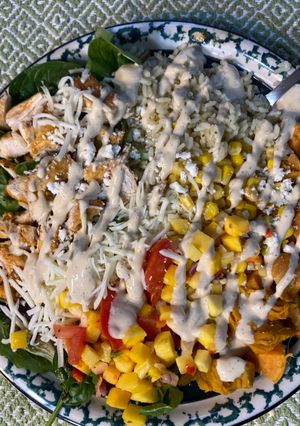A picture of Grilled Chicken Soul Salad with Cilantro Lime Rice and Mango Salsa.