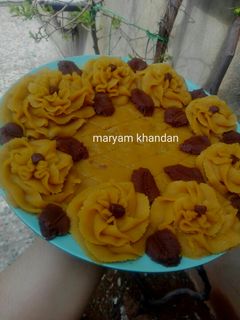 عکسی از دستور حلوا دو رنگ زعفرانی و شکلاتی مجلسی (چالش ماه رمضان)