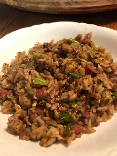 A picture of Ham and veg fried rice.