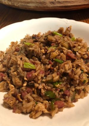 A picture of Ham and veg fried rice.