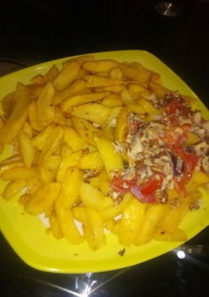 A picture of Irish potatoes chips with scramble eggs.