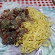 Pasta con churrasco con verduras