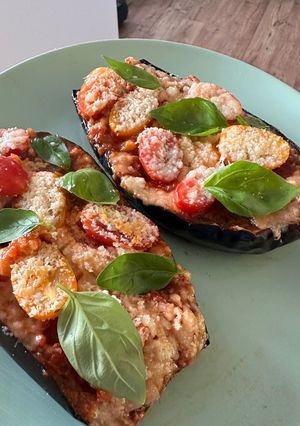 A picture of Baked Eggplant w Tomato/Parmesan.
