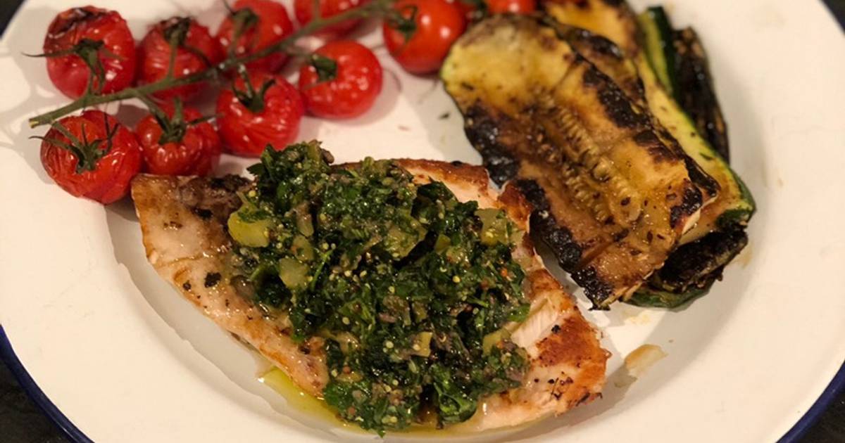 Swordfish steaks with Salsa verde and grilled veg Recipe by Philip