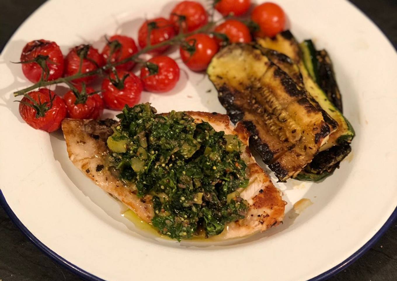 Swordfish steaks with Salsa verde and grilled veg