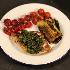 A picture of Swordfish steaks with Salsa verde and grilled veg.