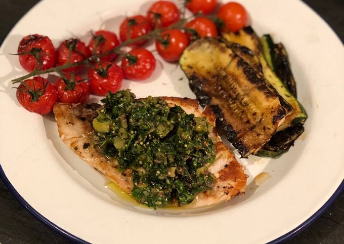 Swordfish steaks with Salsa verde and grilled veg