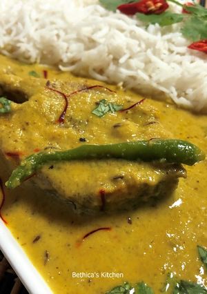 A picture of Zafrani Ilish (Hilsa Fish cooked in Milk-Saffron Gravy - Bengali Cuisine).