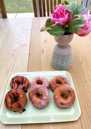 A picture of Homemade donuts.