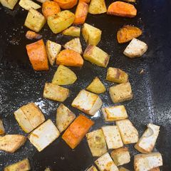 Roasted root veggies (celeriac, potato and carrots) A picture of Roasted root veggies (celeriac, potato and carrots).
