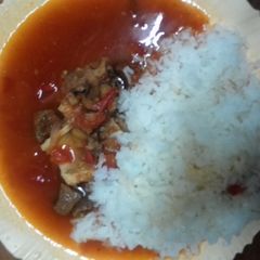 A picture of Beef stew served with Rice.