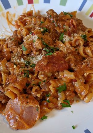 A picture of Meat lovers pizza pasta instant pot ip.