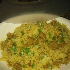 A picture of Fried rice with soya chunks.