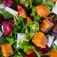 A picture of Sweet Potato, Plum and Kale Salad - can be vegan.