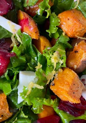 A picture of Sweet Potato, Plum and Kale Salad - can be vegan.