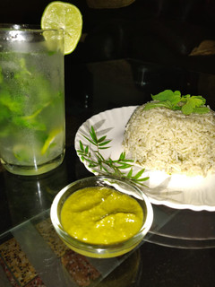 A picture of Mint rice with Mint chutney and Refreshing mint lemonade 😍.