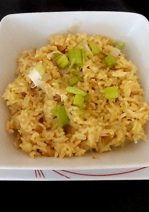 A picture of My Egg fried Rice with the malaysian curry sauce.