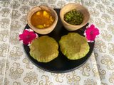 Bathua poori with aloo tamatar and hare matar