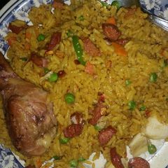 Tasty curried Fried rice with Barbecued chicken and Banana A picture of Tasty curried Fried rice with Barbecued chicken and Banana.