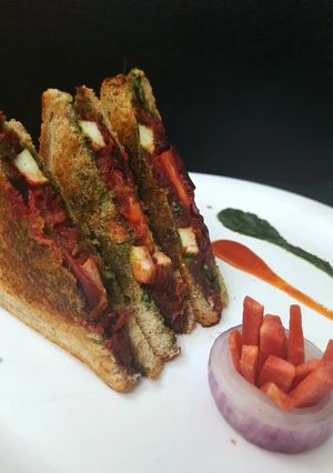 A picture of Bombay Beetroot Masala (BBM)Sandwich with Paneer.