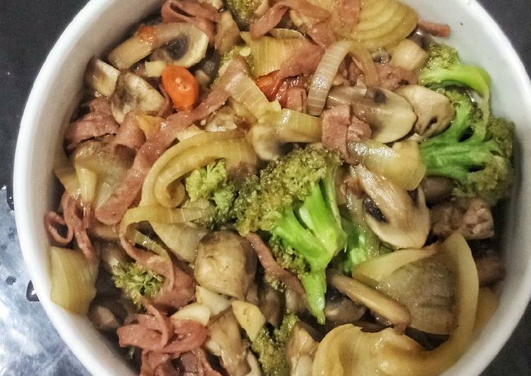 Resep Bumbu Dapur Tumis Brokoli Jamur Smoked Beef