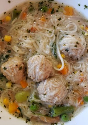 A picture of Meatballs and Misua (Almondigas) Soup.