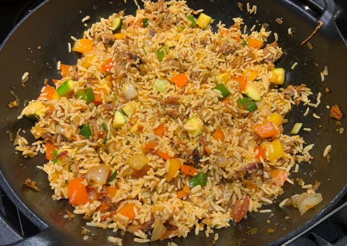 Recette Délicieuse Riz aux légumes et porc effiloché