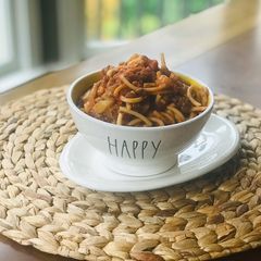 A picture of Vegan hearty Italian spaghetti.